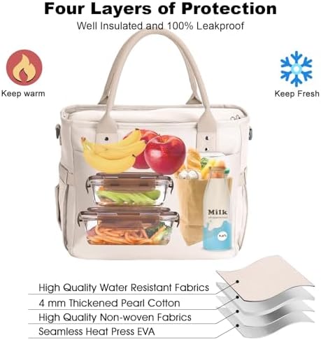 Hafmall Large Lunch Box for Women, Insulated Lunch Bag, Wide Opening, Beige