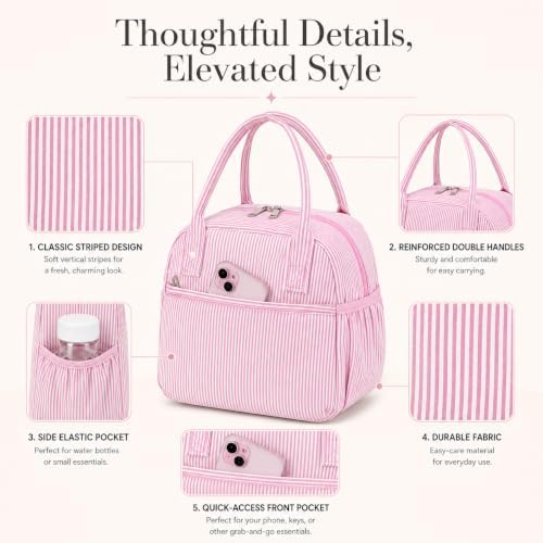 CAMTOP Lunch Box for Women Men Insulated Lunch Bag Lunch Tote Bag Leakproof Thermal Cooler Large Capacity for Travel Work School Picnic (Pink Stripe, Medium)