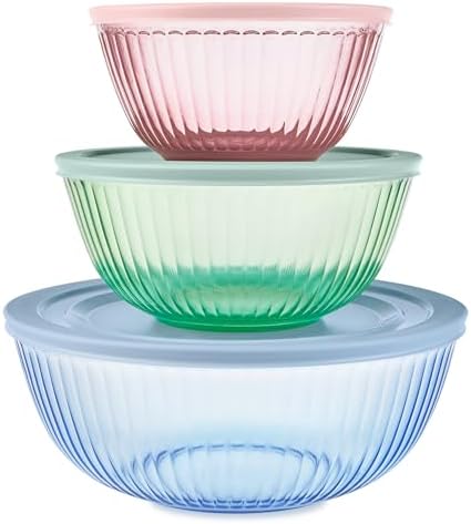 Pyrex Colors (3-Pack) Sculpted Tinted Glass Mixing Bowls with Plastic Lids