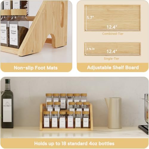 Bamboo Spice Rack Organizer -3-Tier Spice Rack for Countertop,Cabinet Spice Rack Organizer for 18 Spice Jars(4oz)，Step Shelf(Yellow)