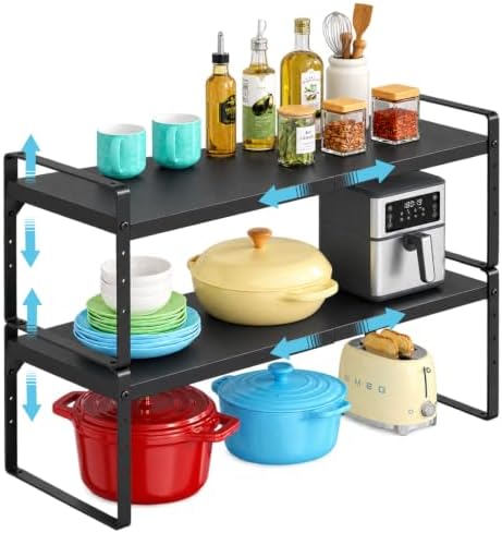 Expandable Kitchen Cabinet Shelf Organizer, Stackable Metal Storage Shelves