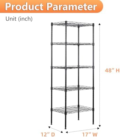 BestOffice | 5-Tier Wire Shelf | 17" x 12" x 48" | Black