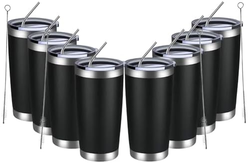 MEWAY 20oz Tumbler 8 Pack Double Wall Vacuum Insulated Travel Mug Bulk, Stainless Steel Tumblers with Lid and Straw, Durable Powder Coated Coffee Cups for Cold & Hot Drinks (Black, 8)