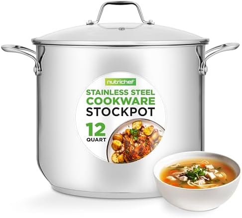 NutriChef 12-Quart Stainless Steel Stockpot – 18/8 Food Grade Heavy-Duty Induction-Compatible Pot with See-Through Lid, Ideal for Stews, Broths, Simmering & Soups, Dishwasher Safe – NCSP12