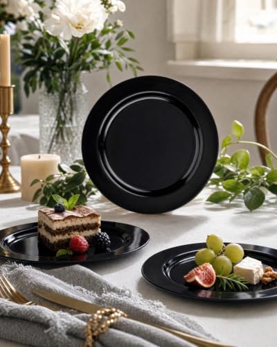 bUCLA 100 Pieces Black Plastic Plates - 6.25 inch Disposable Dessert/Salad/Appetizer/Small Cake Plates for Party, Graduation & New Year