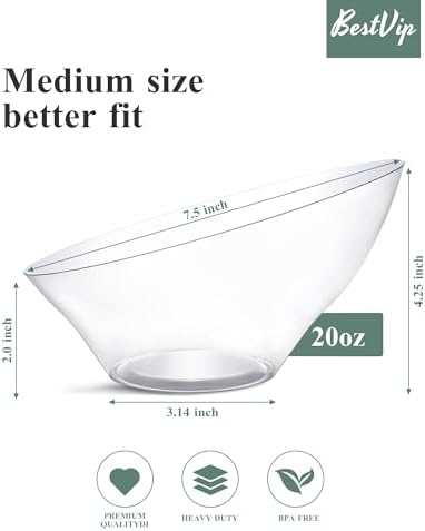 BESTVIP 20 Oz Clear Plastic Angled Serving Bowls, 12 Pack