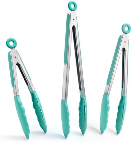 Doosu Kitchen Tongs with Silicone Tips for Cooking Serving (3Pcs, Aqua Sky)