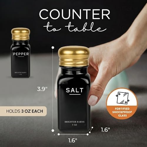 Luxury Salt and Pepper Shakers Set by Brighter Barns - Black and Gold Kitchen Decor and Accessories - Modern Salt Shaker with Stainless Steel Lids for Contemporary Home, Restaurant, Gifts (Black/Gold)