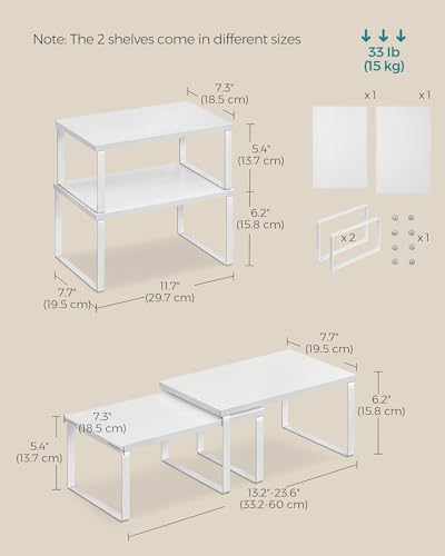 SONGMICS Cabinet Organizer Shelf, Set of 2 Kitchen Counter Shelves, Kitchen Storage, Spice Rack, Stackable, Expandable, Metal and Engineered Wood, Cloud White and Snow White UKCS02W01 (Pack of 2)