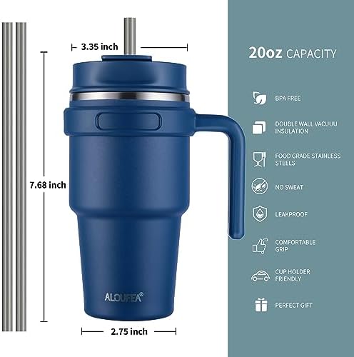 20 oz Insulated Travel Coffee Mug Tumbler with Handle and Straw