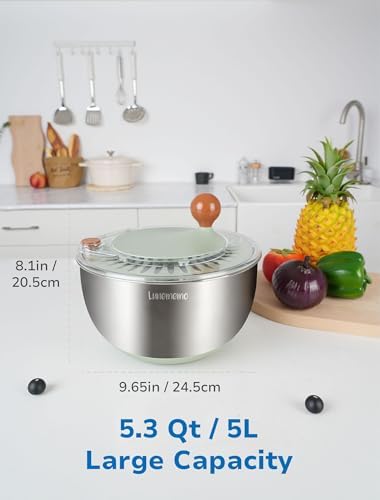 Lunememo Stainless Steel Salad Spinner, BPA Free, Quick Dry & Stop, 5.3 Qt