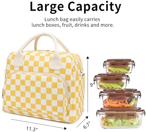 Lunch Bag Women Lunch Box for Women Adult Cute Insulated Lunch Bag Lager Cooler Lunch Tote Bags for Work Picnic (Beige-Yellow Plaid)