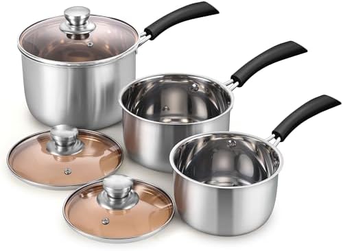 Herogo Saucepan Set with Lid, 1 Quart & 2 Quarts & 3 Quarts 18/10 Stainless Steel Sauce Pan Pot, Small Cooking Pot for Home Kitchen, Dishwasher Safe