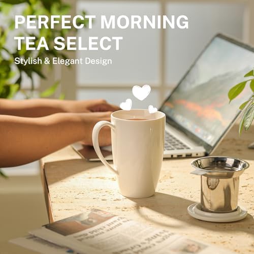 Sweese 15oz Porcelain Tea Mug with Infuser and Lid – Microwave Safe, Ergonomic Handle, Lead-Free Glaze, for Loose Leaf Tea White;