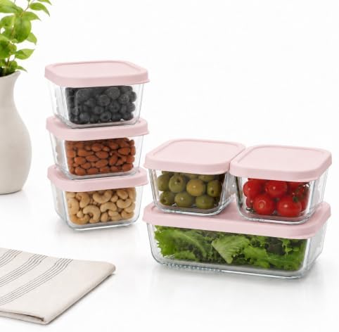 Glass Food Storage Containers with Lids - 12 Piece - 3 x 10.5 oz, 1 x 26.5 oz & 2 x 40.57 oz Glass with BPA-Free Leak Resistant Stackable Lids - Microwave, Oven & Dishwasher Safe - Berry Blush