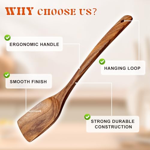 4Pcs Wooden Spoons for Cooking, Acacia Wood Kitchen Utensils Set for Nonstick Pans, Smooth Finish Cooking Utensils with Long Handle, Wooden Spatula for Cooking, Mixing, Baking