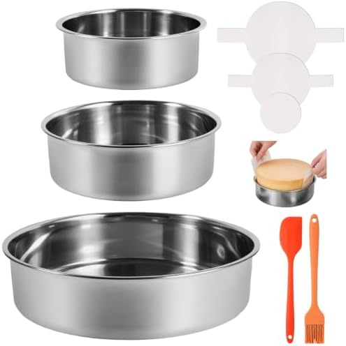 4 6 8 Inch 3-Piece Round Cake Pan Set with 150 Parchment Paper Liners, Stainless Steel Baking Pans with Handles, Includes Silicone Brush & Spatula, Layer Cake Baking Set for Cheesecake, Birthday Cake