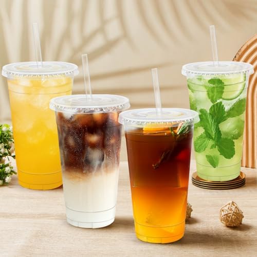 Lamosi 100 Pack 20 oz Plastic Coffee Cups with Lids, Disposable Clear Cups