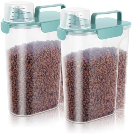 5-7 LBS Cat Dog Storage Container Portable with Upgraded Large Spout and Cup, Plastic Pet Food Dispenser for Small Animal Kibble, Bird Seed, Oatmeal, Rice, Flour, Brown Sugart-2 pack Elegant Blue