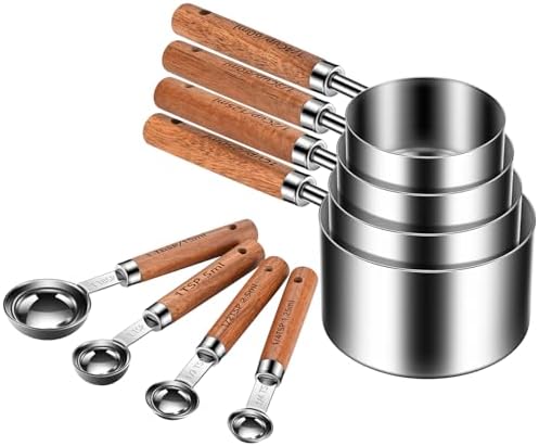 Wooden Handle Measuring Cups & Spoons Set 8-Piece – Stainless Steel, Stackable, Rustic Farmhouse Kitchen Gadgets, Non-Toxic, Dishwasher Safe, Gift for Bakers & New Homeowners.