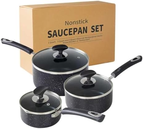 Nonstick Saucepan with Lid, Non Stick 1Qt & 2Qt & 3Qt Sauce Pan Set with Silicone Handle,Small Milk Pot with Glass Lid for Home Kitchen
