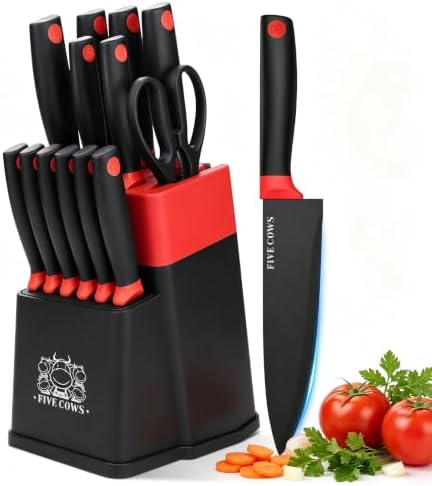 14 Pcs Kitchen Knife Block Set with Sharpener German High Carbon Stainless Steel Chef Knives, Razor-Sharp & Durable, Lightweight Anti-Slip Handle, Professional Set for Home & Kitchen (Red)