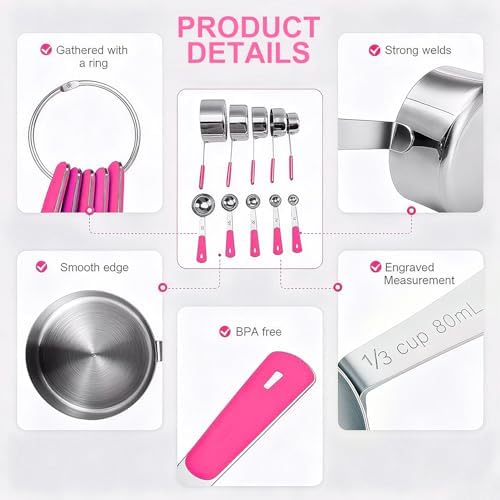 Bopei 10-Pcs Stainless Steel Measuring Cups & Spoons Set, Pink Handles