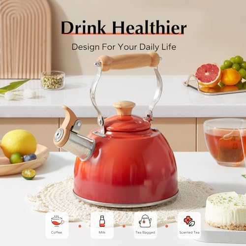 ROCKURWOK Tea Kettle 1.6 Qt Tea Kettles Stovetop Whistling Fast Boil, Red