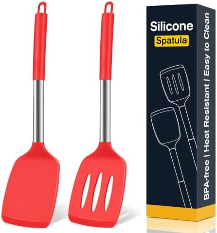 2 Pack Silicone Spatula Set, Solid & Slotted Turner for Non-Stick Pans, High Heat Resistant Silicone Spatula for Cooking, BPA-Free Stainless Steel Cooking Utensils for Fish, Eggs, Pancakes, Red