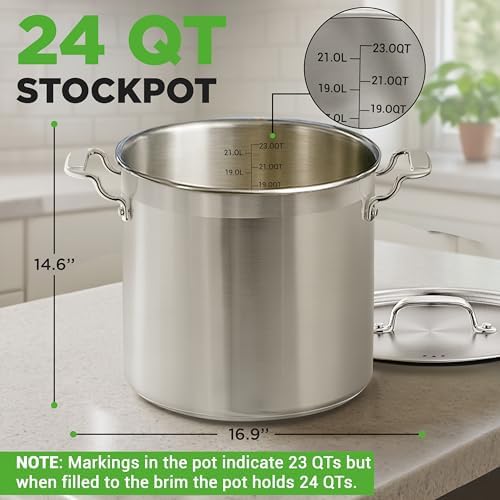NutriChef Stainless Steel Stock Pot with Lid, 24 Quart Large Stock Pot with Lid for Soup & Stews, Heavy Duty Stainless Steel Cookware, Induction Base, Ergonomic Handles, Polished 18/8