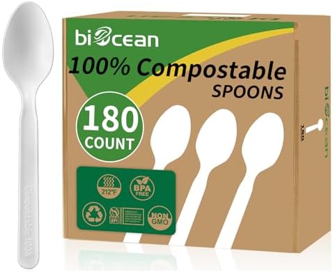 100% Compostable Spoons 180 Count Disposable Spoons Utensils Set Heavy Duty Spoons Silverware Eco Friendly Flatware for Party Camping Picnics Wedding-Ivory White
