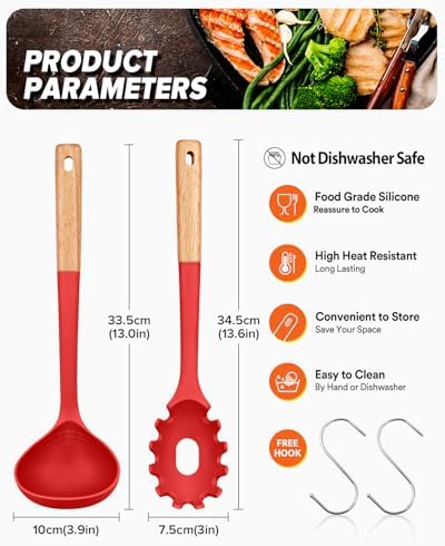Badiano Kitchen Pasta Fork and Ladle Set, Perfect for Serving, Red