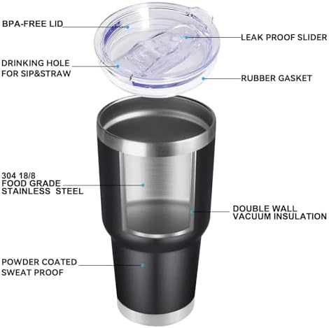 DOMICARE 30oz Tumbler Bulk with Lid and Straw, Double Wall Travel Coffee Mug, Insulated Vacuum Stainless Steel Tumblers, Powder Coated Tumbler Cup (Black, 8)
