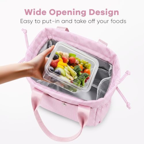 Yarnic Lunch Bag Women Insulated Reusable Lunch Box (Pink Stripes)