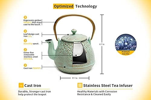 Tea Kettle, TOPTIER Japanese Cast Iron Teapot with Infuser for Loose Leaf and Tea Bags, Stovetop Safe Cast Iron Tea Kettle Coated with Enameled Interior for 40 oz (1200 ml), Light Green