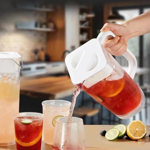CURTA 4 Pack 2L/68 oz Plastic Pitcher with Lid & Handle, Large Capacity Water Jug with Measurement Marks, Clear Fridge Pitcher for Iced Tea, Juice, Lemonade & Cold Beverages