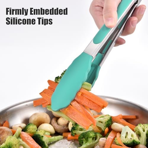 Doosu Kitchen Tongs with Silicone Tips for Cooking Serving (9in, Aqua Sky)