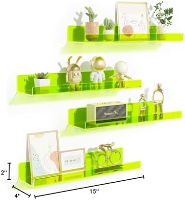 upsimples 4 Pcs 15" Acrylic Shelves for Wall Display, Fluorescent Green