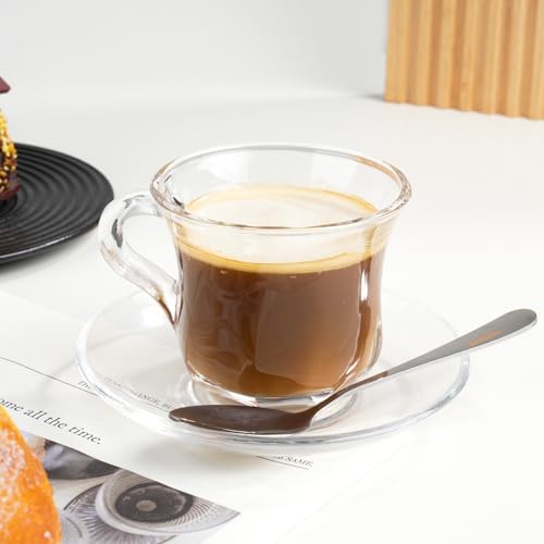 Glass Tea Cups and Saucers Set of 6, Clear Coffee Mugs with Stainless Steel Spoon, Dishwasher & Microwave Safe Teacups for Espresso Cappuccino Latte Tea Juice, 6OZ/180ML