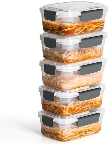 YORY 5cup Plastic Food Storage Containers With Lids For Lunch Meal Prep,5pk
