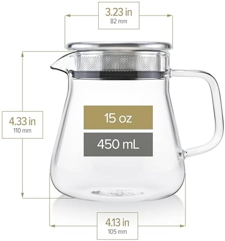 Teabloom One-Touch Tea Maker, 2-in-1 Teapot and Kettle with Stainless Steel Filter Lid for Loose Tea – Stain-Free Borosilicate Glass Tea Pot (15 Oz) – Tea Connoisseur's Choice