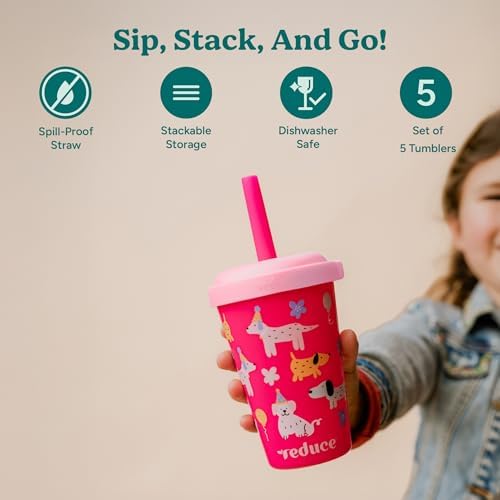 REDUCE GoGo's Kids 5-Pack 12oz Tumbler Cups with Lids & Spill-Proof Straws