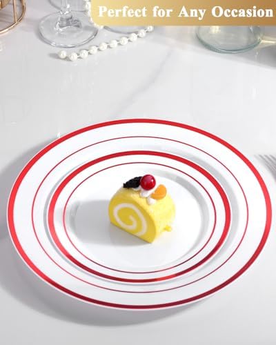 Goodluck 200 Pack Red Rim Plastic Plates - 100 Dinner Plates (10.25") & 100 Dessert Plates (7.5") - Heavy Duty Disposable White Plates with Elegant Red Trim - Premium Dinnerware Set for Wedding