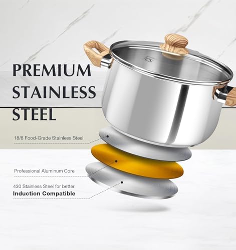 KOCH SYSTEME CS 4 Quart Stainless Steel Pot with Lid, Stock Pot for Soup Pasta Sauce and Vegetables, Tri-Ply Bottom Cooking Pot, Induction Pot for Gas Electric Glass Stoves, Dishwasher Safe