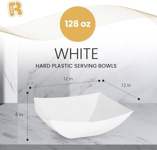 R-kay 6 Pack Square Extra Large Plastic White Serving Bowls -128 Oz White Plastic bowls - Salad Bowls Large Serving, Premium Heavy Duty For Weddings Catering And Birthday parties