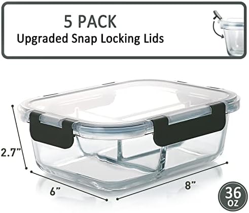 M MCIRCO 5 Pack,36 oz, 3 Compartments Glass Meal Prep Containers with Lids