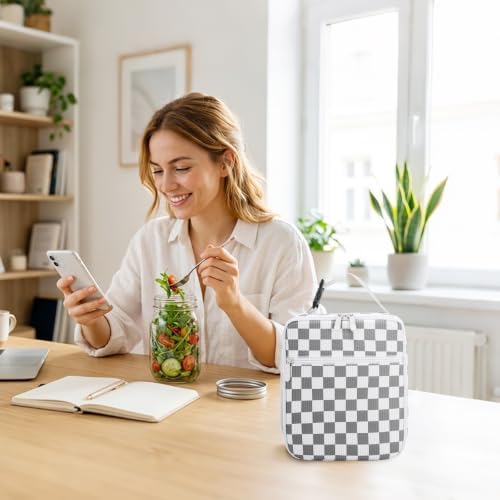Lunch Box for Women Men Adult Insulated Lunch Bag Women Men Small Reusable Lunchbox for Work Picnic Travel (Gray-White Plaid)