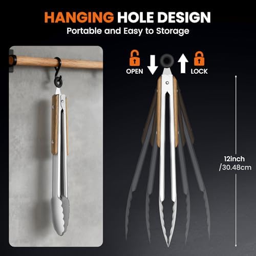 12-Inch Stainless Steel Kitchen Tongs with Oak Wood Handle,Heavy Duty