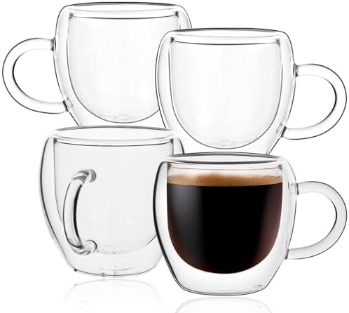 Espresso Cups Set of 4 with Handle, 2.5oz Expresso Coffee Cup, Small Expresso Shot Glasses, Clear Double Wall Insulated Espresso Mugs,Tazas de Cafe Expreso, Suit for Espresso Machine Accessories