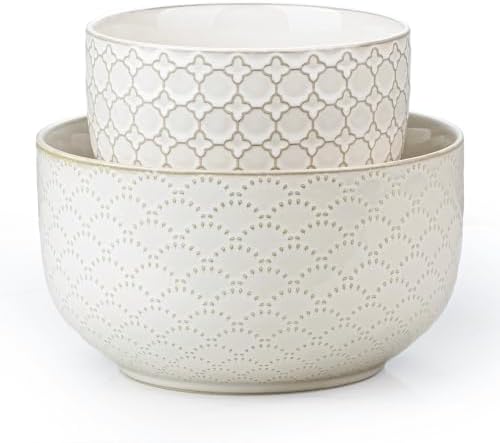 Mikiegy Ceramic Mixing Bowls Set of 2, Nesting Ceramic Embossment Stoneware Mixing Bowls for Cooking, Serving, Popcorn, Salad etc, Microwave & Dishwasher Safe, 44/98 oz, Off-White